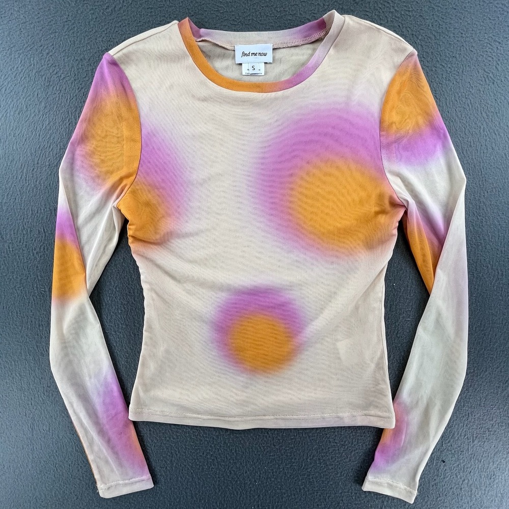 Find Me Now Women Mesh Top Aura Abstract Print S Pink Orange Long Sleeve bright